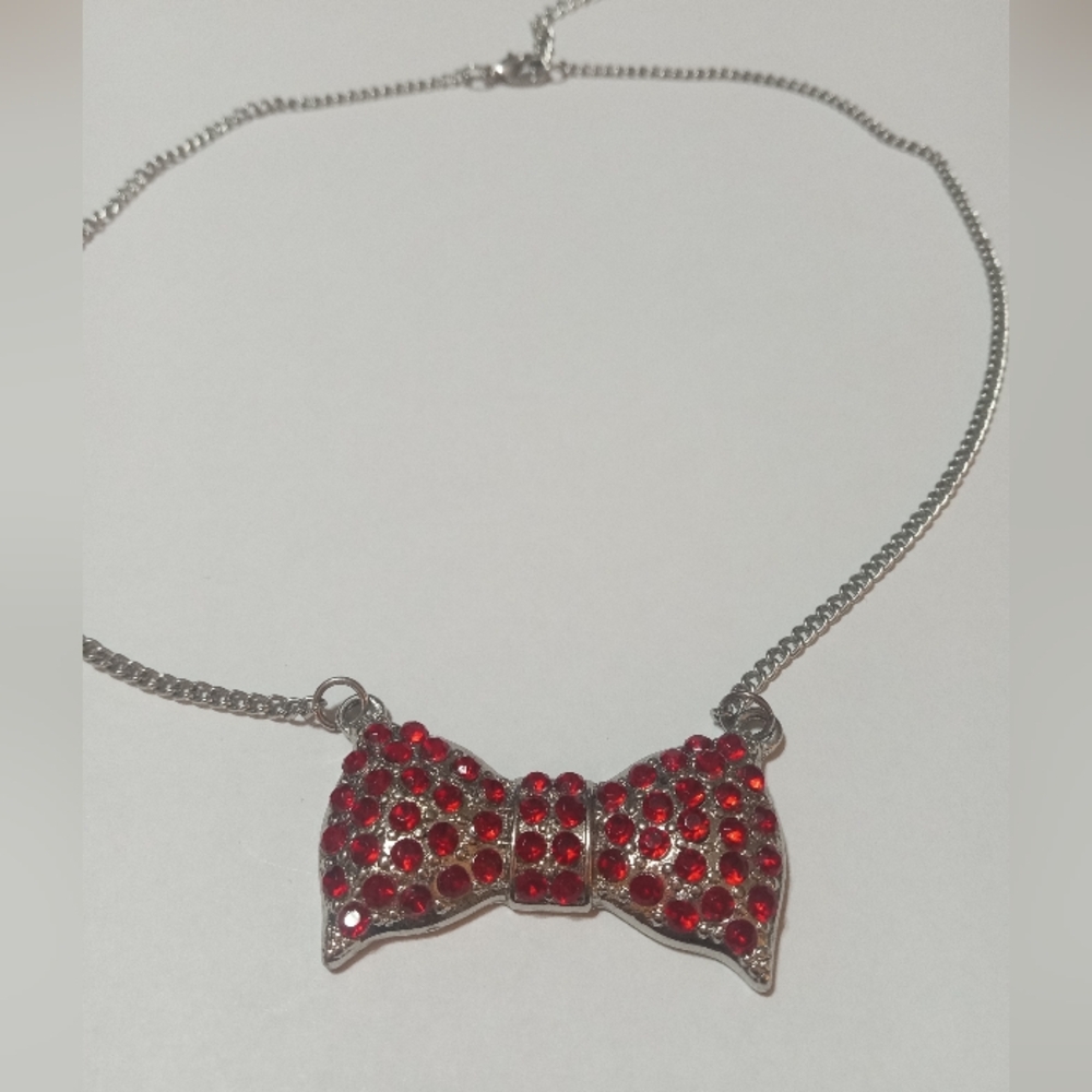 Red Rhinestone Bow Tie Necklace • Adjustable Length